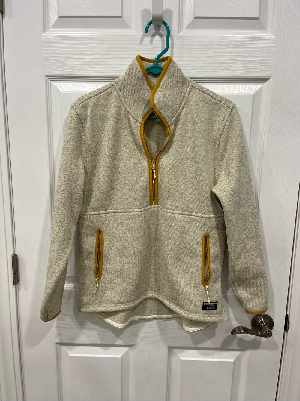 Women’s L.L. Bean Cream Fleece Pullover with Mustard Trim